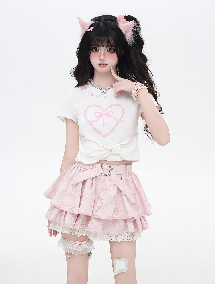 Cute Buttons Neckline Big Bow Hem Sweetheart Print White/Black T-shirt