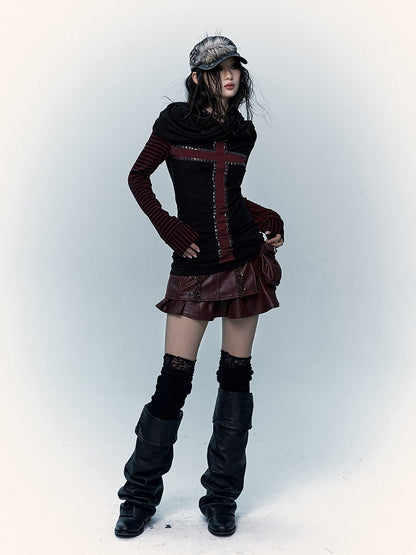 Black&Brown/Red&Black Striped Sleeves Top with Cross Design