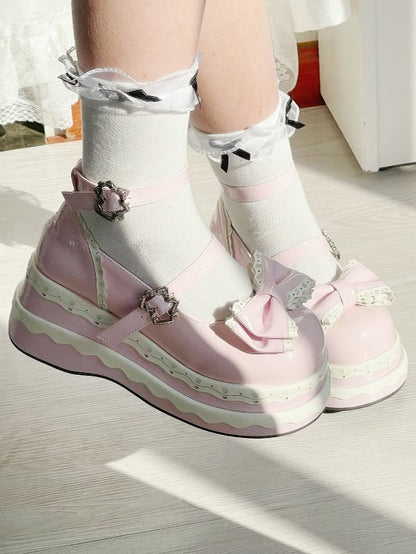 Lolita Cute Pink Bowknot Cake Pattern Buckle Straps Platform Shoes