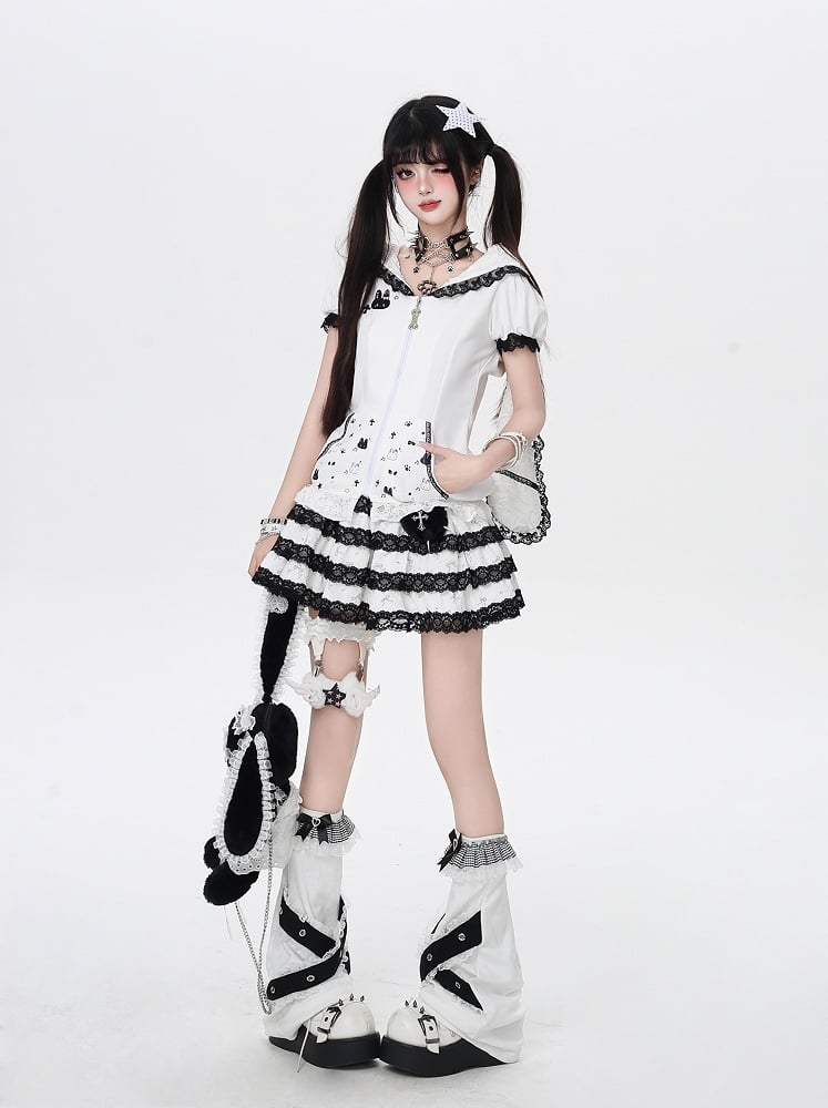 Bunny Ears Design Hood Lace Trim Black/White Jirai Kei Zip-up Jacket
