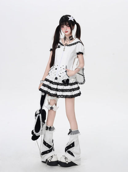 Bunny Ears Design Hood Lace Trim Black/White Jirai Kei Zip-up Jacket