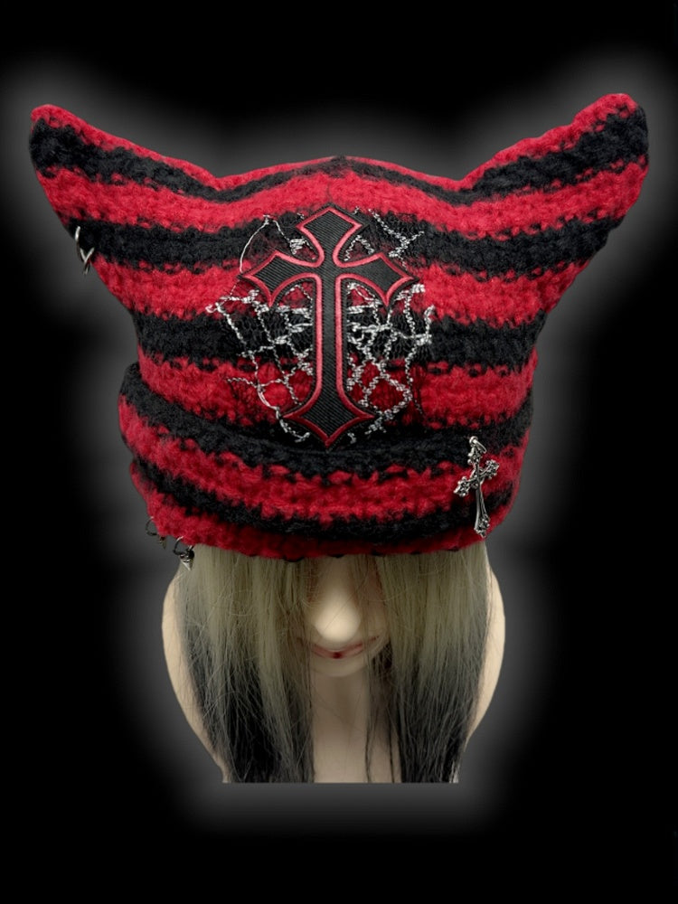 Red and Black Cross Applique Studs Design Punk Cat Ears Striped Beanie