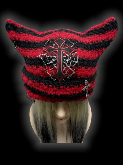 Red and Black Cross Applique Studs Design Punk Cat Ears Striped Beanie