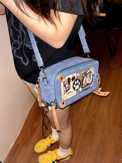 Denim Blue & Brown Star Stud Detail Ita Bag