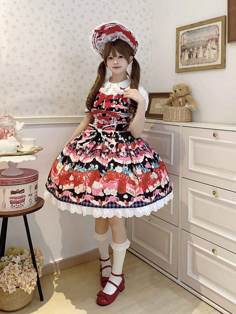 Strawberry and Dessert Print Black Sweet Lolita Dress