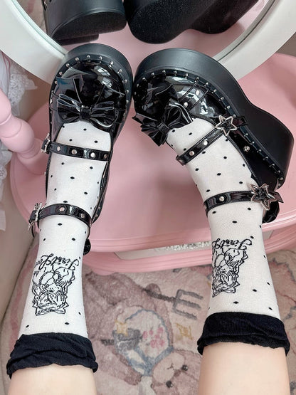 Black/Pink Anime Girl Polka-dot Pattern Lolita Calf Socks