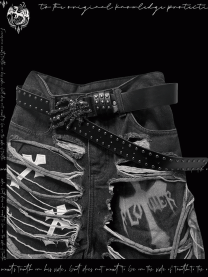 Dark Gray Cross Appliques Distressed Holes Y2K Glamorous Denim Shorts