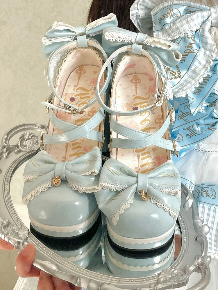 Blue Crisscross Design Heart Buckles Detachable Bow at Top High Block Heels
