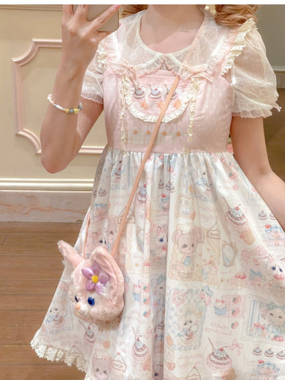 Pink Flutter Sleeves Kitten and Cake Print Sweet Lolita Dress Jumper Skirt