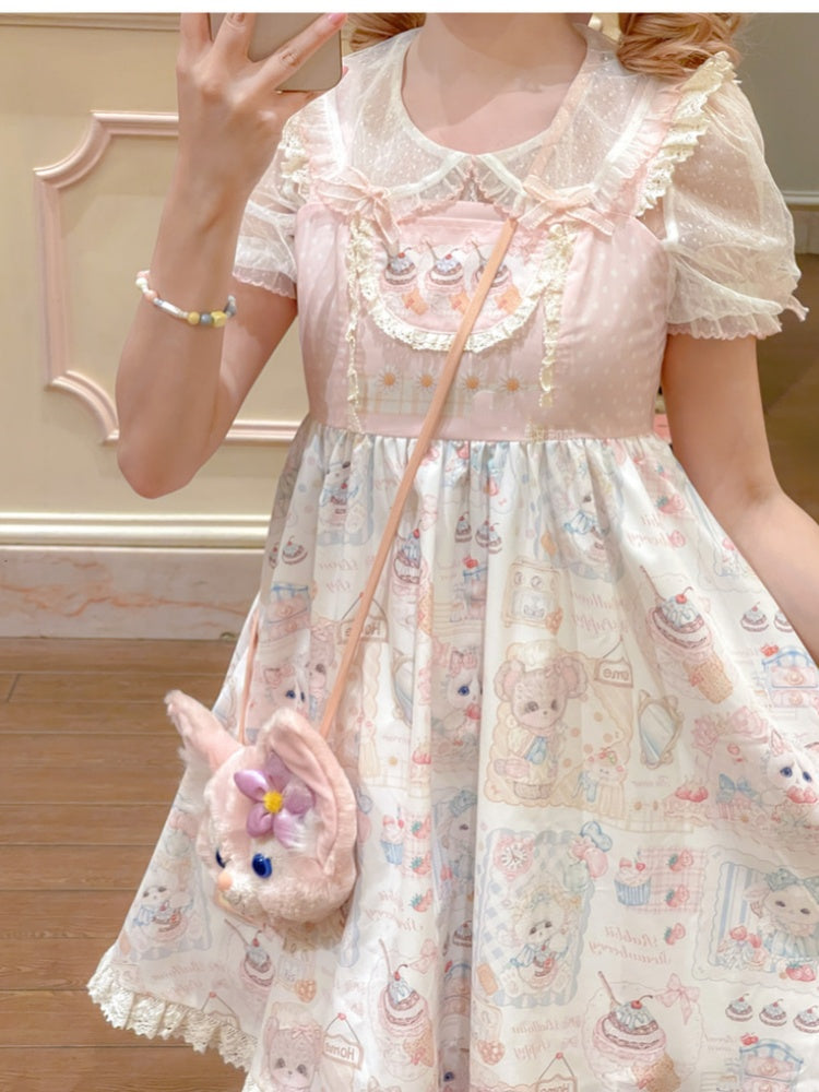 Pink Flutter Sleeves Kitten and Cake Print Sweet Lolita Dress Jumper Skirt