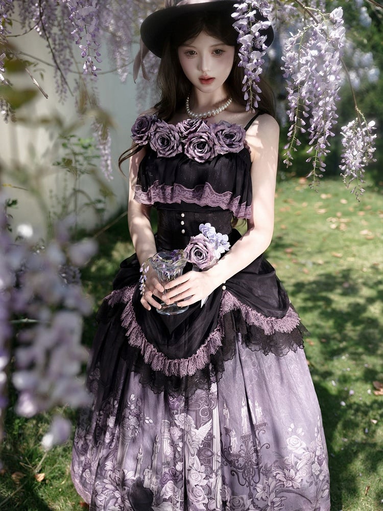 Black Ruffled Elegant Classic Lolita Cami Top with Purple Flowers Accents