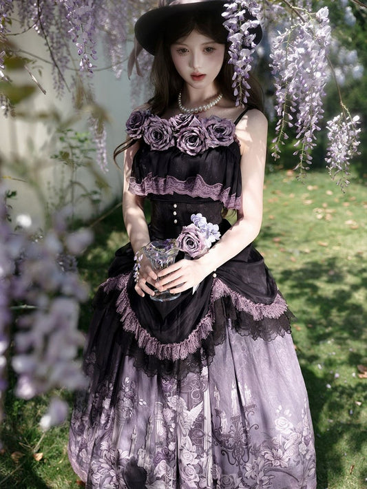 Black Ruffled Elegant Classic Lolita Cami Top with Purple Flowers Accents