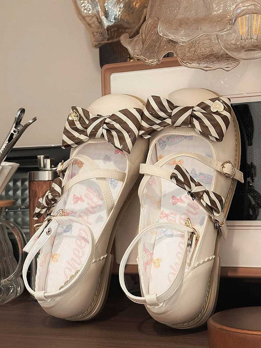 Beige&Brown Striped Pattern Bow at Top Crisscross Design Heart Buckles Lolita Shoes