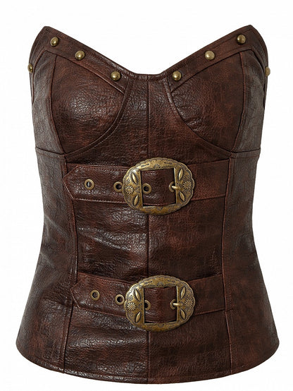 Red/Brown Wasteland Punk Buckle Decorated PU Bustier Top
