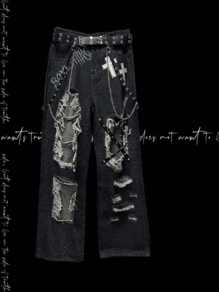 Y2K Black Cross Appliques Criss-cross Straps Distressed Holes Glamorous Jeans