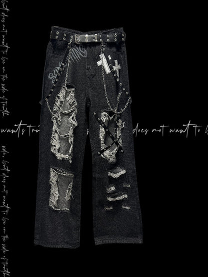 Y2K Black Cross Appliques Criss-cross Straps Distressed Holes Glamorous Jeans