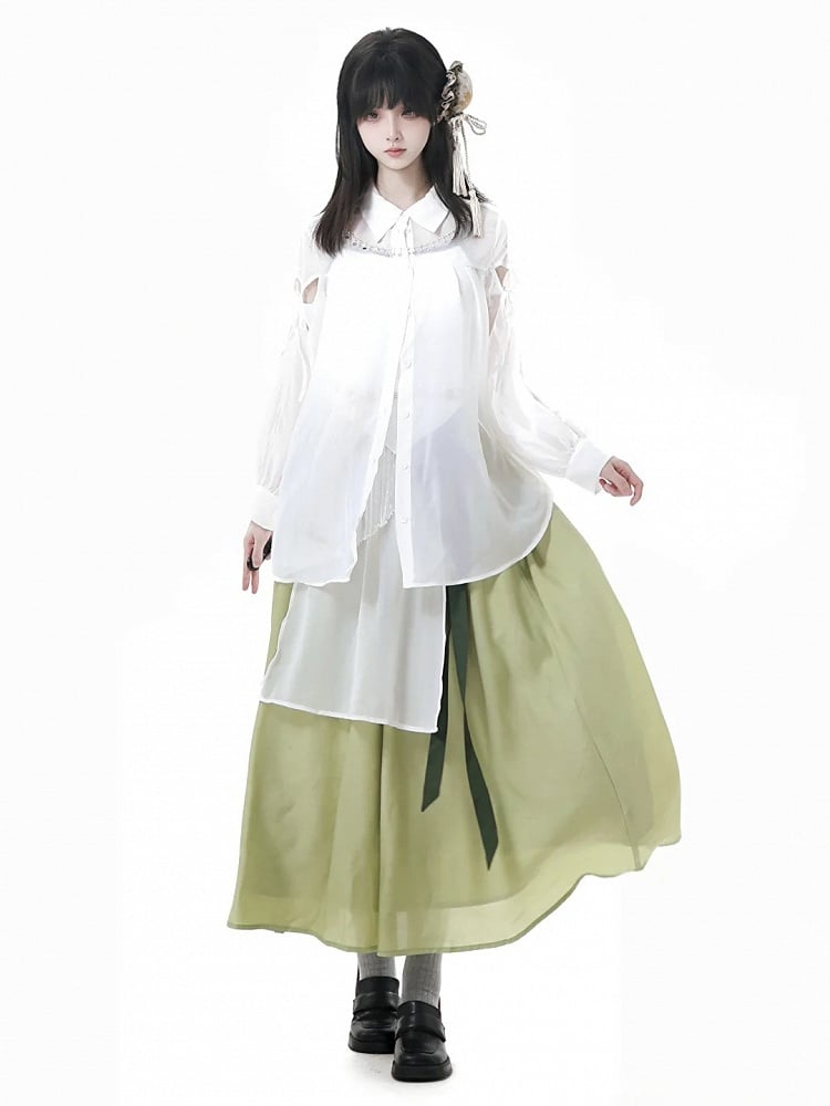 Butterfly-shaped Cutout Sleeves Cheongsam Style White Sheer Chiffon Shirt Long Version