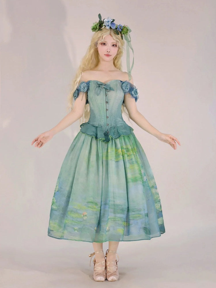 Green Flounce Hem Boned Corset Top with Detachable Floral Adornments