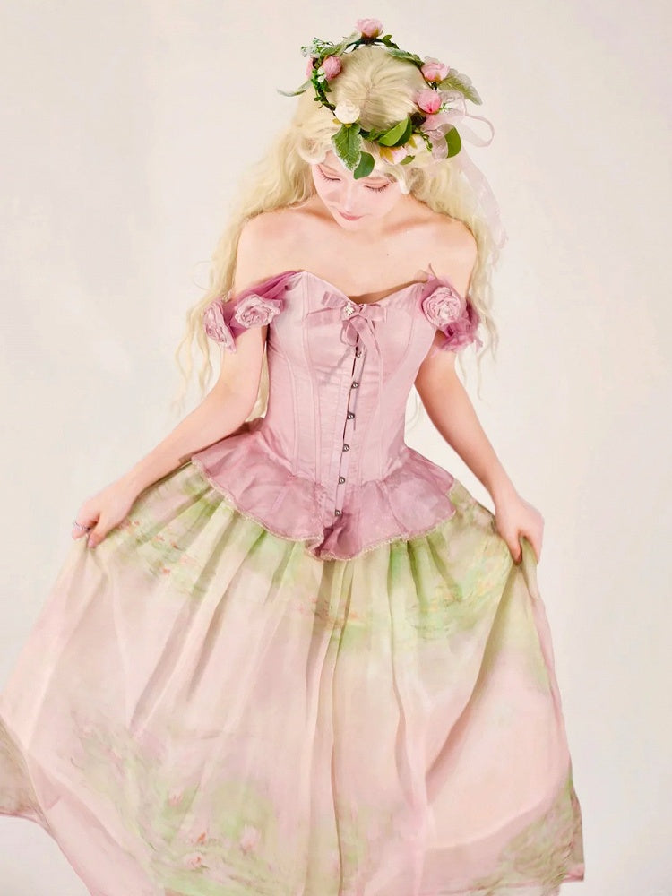 Pink Flounce Hem Boned Corset Top with Detachable Floral Adornments