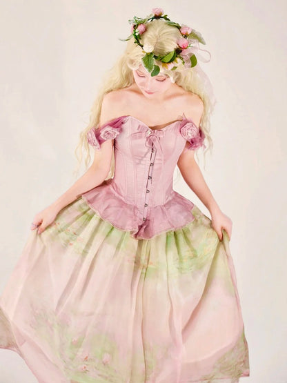 Pink Flounce Hem Boned Corset Top with Detachable Floral Adornments