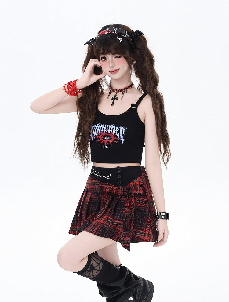 Red Plaid High Waist Bowknot Glamorous Mini Pleated Skirt