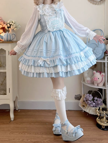 Teddy and Cake Embroidery Bodice Blue Sweet Lolita Dress