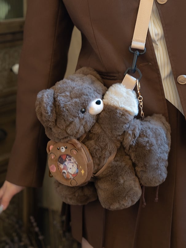 Brown Bear Plush Backpack/Crossbody Bag + Keychain Small/Middle/Large Size