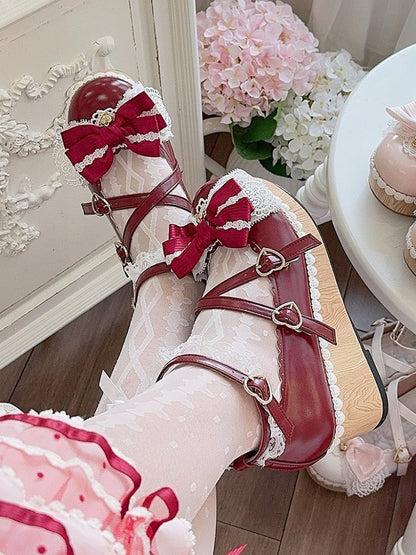 Red Bow at Top Crisscross Design Heart Buckles Lace Trim Platforms