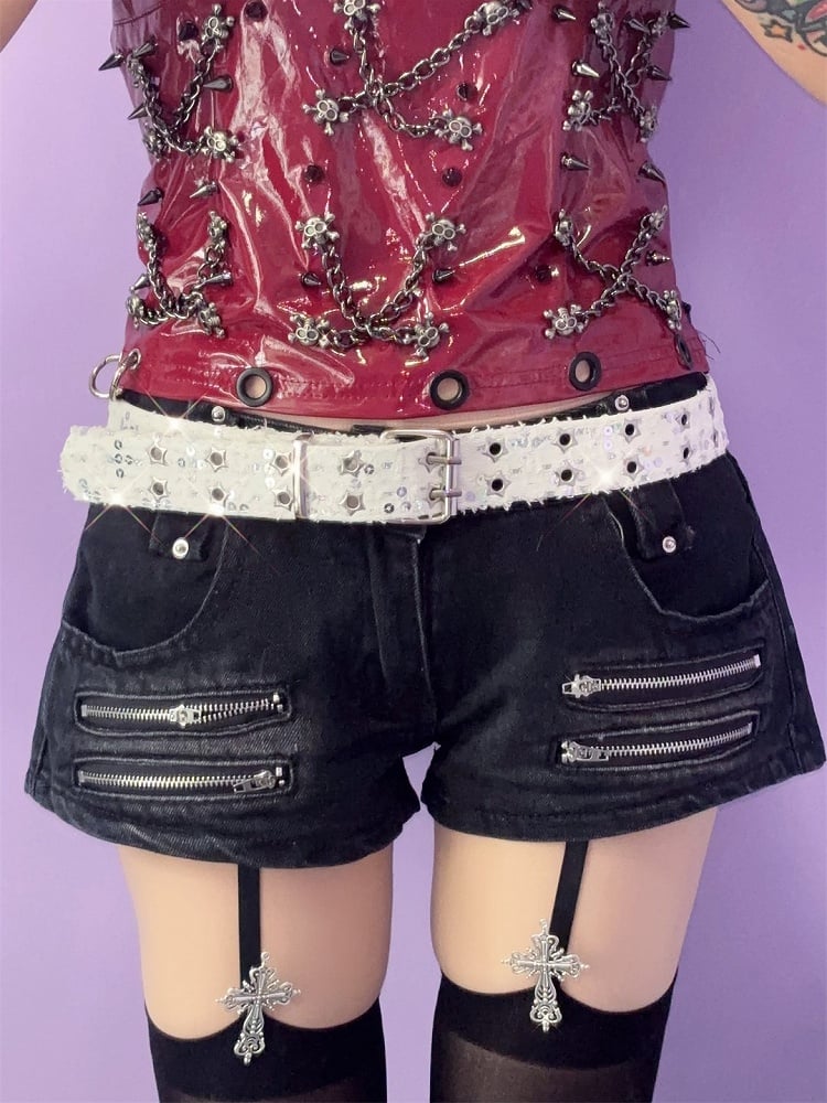 Punk Glitter Stud Waist Belt with Twin Buckles – 7 Colors