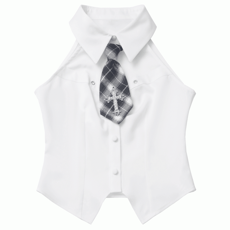 Preppy Style Curved Hem White/Beige Sleeveless Shirt with Cross Decorated Plaid Tie