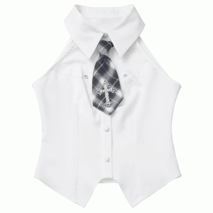 Preppy Style Curved Hem White/Beige Sleeveless Shirt with Cross Decorated Plaid Tie