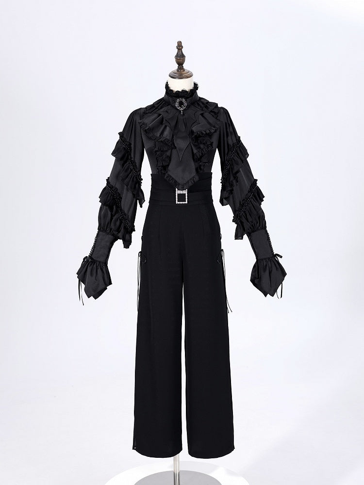 Ruffled High Neck Black Bead Chain and Cascading Ruffles Long Sleeves Siren Shirt
