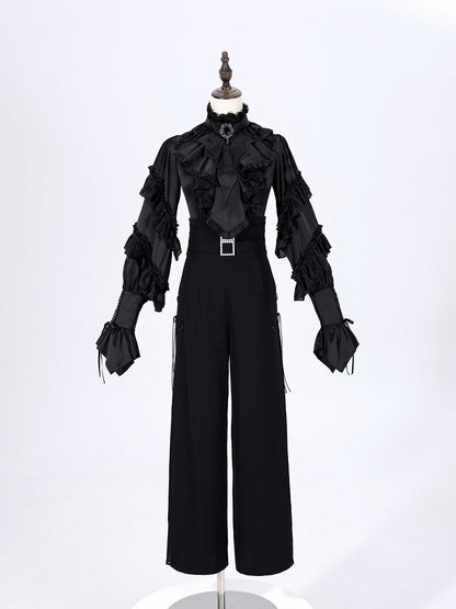 Ruffled High Neck Black Bead Chain and Cascading Ruffles Long Sleeves Siren Shirt