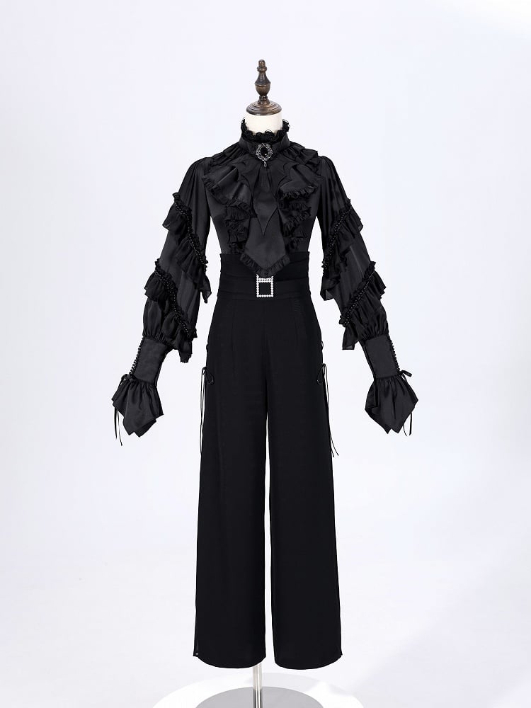 Black Gothic Bat Wings Cascading Ruffle Jabot Tie