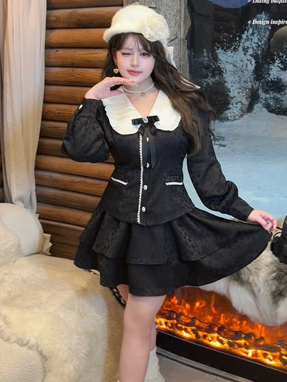 Plus Size Black High Waist Jacquard Tiered Skirt