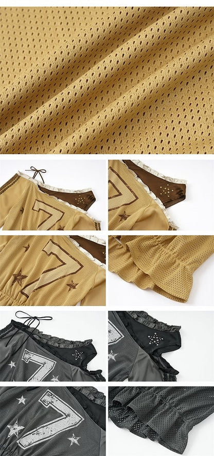 Yellow Asymmetrical Neckline Number Print Blokette Core Punk Top