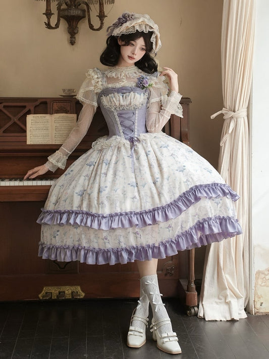 Iris Print Purple Boned Corset Bodice Floral Dress Classic Lolita JSK Full Set