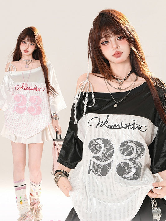 Asymmetrical Neckline Lace Number Applique Pink/Black Loose T-Shirt