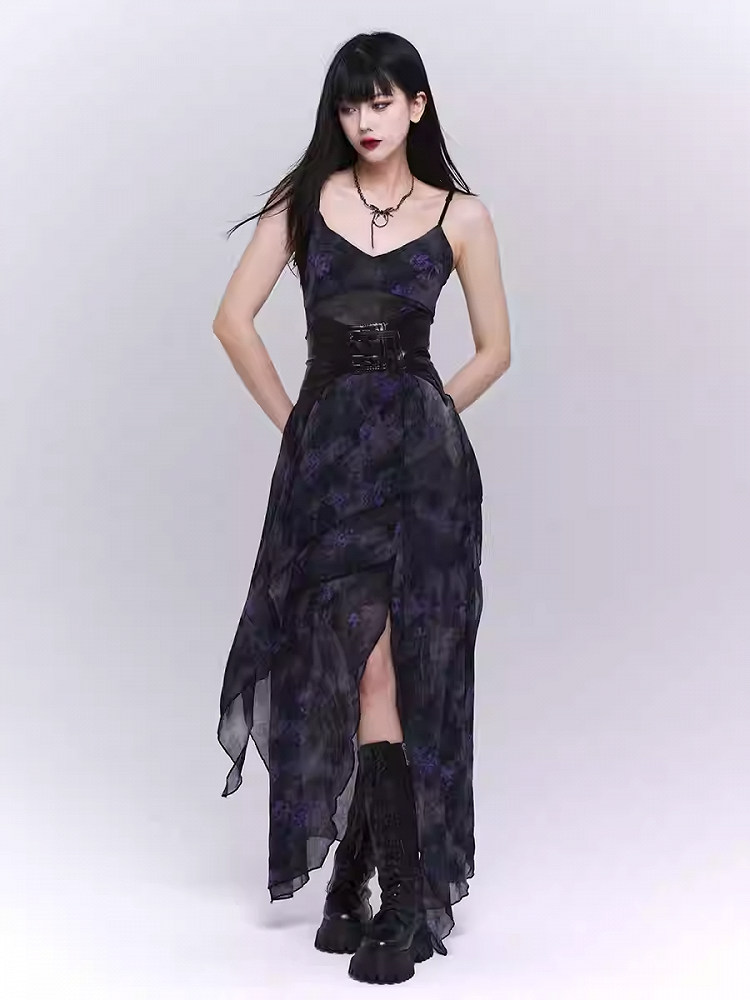 Black & Purple Floral Print Asymmetrical Hem Glamorous Cami Dress