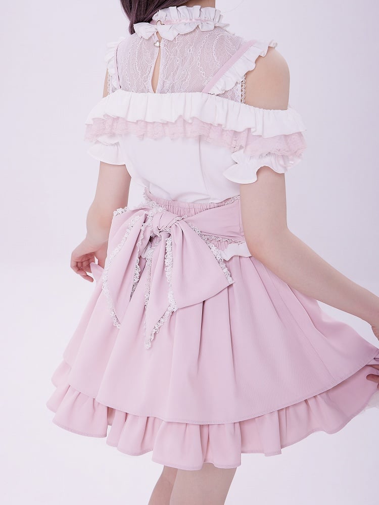 Jirai Kei Open Shoulders White and Pink Sweet Short Sleeves Blouse