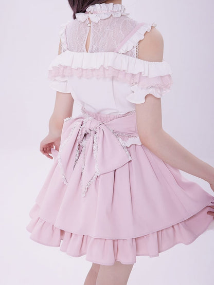 Jirai Kei Open Shoulders White and Pink Sweet Short Sleeves Blouse