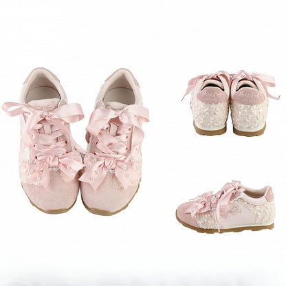 Pink Sequins Details Beaded Decorated Bowknot Sneakers