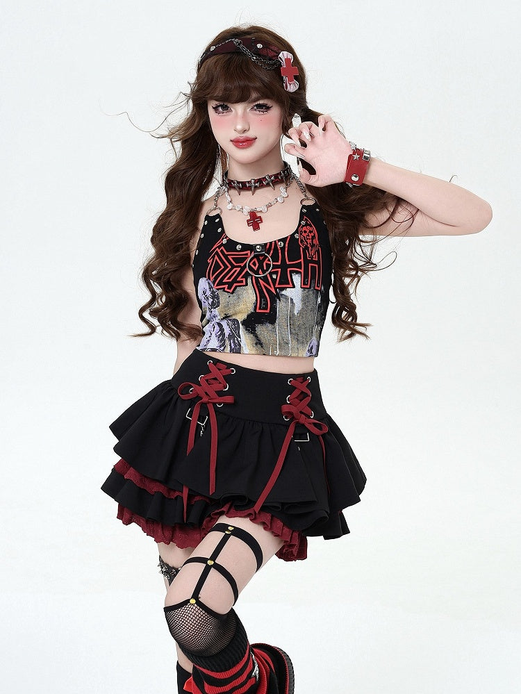 Lace-up Details at Waist Y2K Black and Red Punk Rock Tiered Skirt