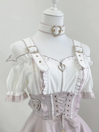 Jirai Kei Off-the-Shoulder Neckline Landmine Style White and Pink Short Sleeves Top with Free Choker