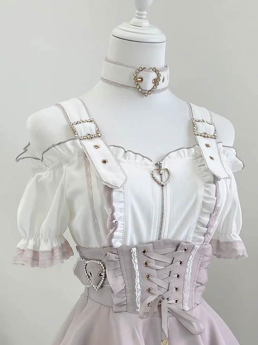 Jirai Kei Off-the-Shoulder Neckline Landmine Style White and Pink Short Sleeves Top with Free Choker