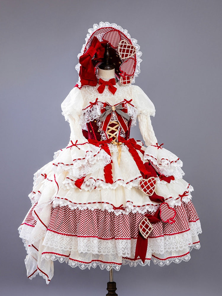 Red Queen Red Bow Accents Boned Corset Top + Tiered Skirt Gorgeous Hime Lolita Full Set