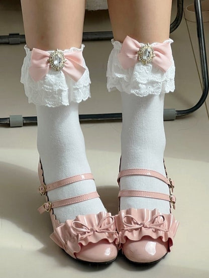 White Ruffled Cuff Jirai Kei Calf Socks With Pink/Blue/Purple/White/Black/Beige Bowknot Details