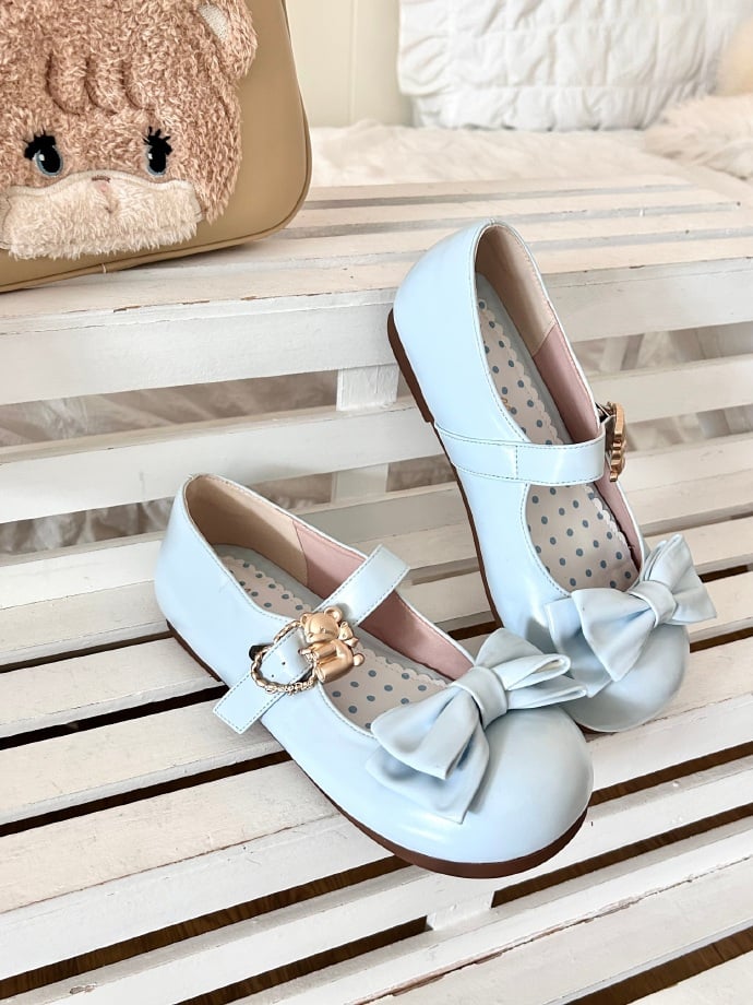 Sky Blue Bow at Top Sweet Lolita Flats with Hugging Bear Heart Buckles