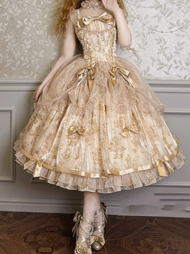 Champagne Corset Waist Drawstring Overlay Skirt Lolita Jumper Skirt