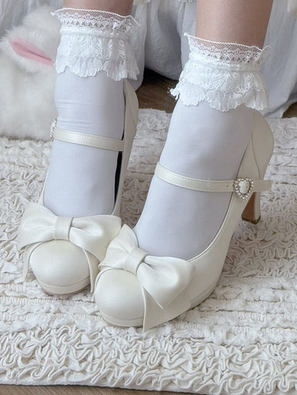 Elegant Creamy White Lolita Stilettos - Crystal Embellished Heart Buckle & Top Bow